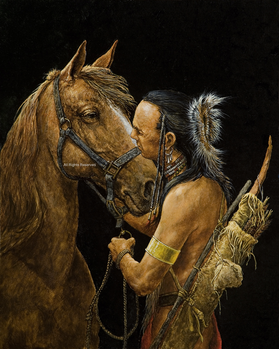 American Indian bonding with his horse